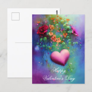 Carte Postale Fleurs brumeuses et valentin cœur