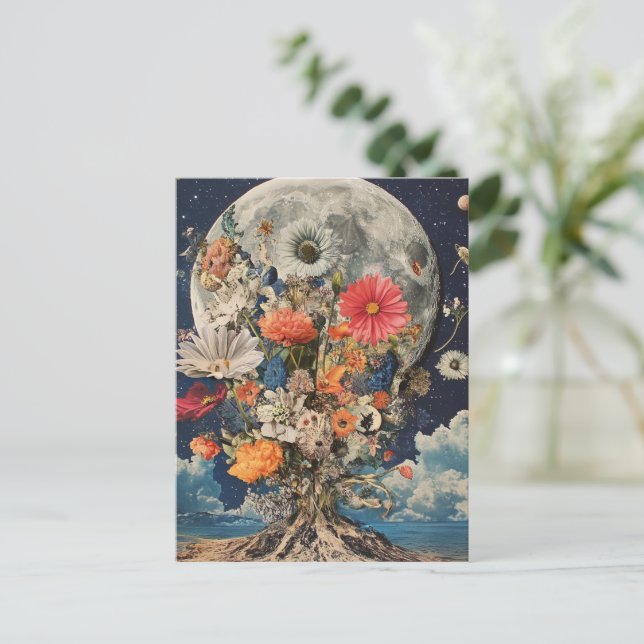 Carte Postale Fleurs colorées sous Pleine lune (Debout devant)