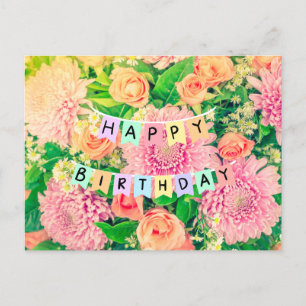 Carte Postale Fleurs d'anniversaire - Chrysanthèmes roses et Ros
