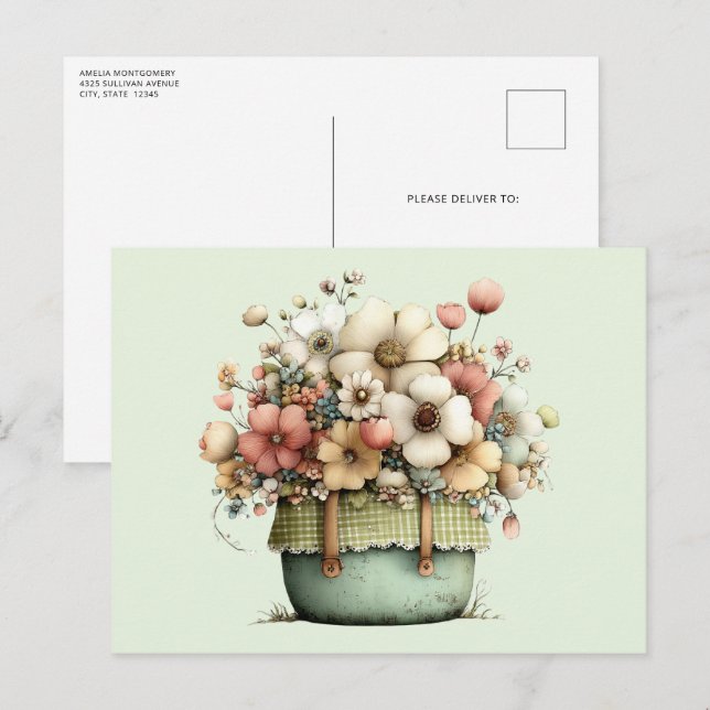 Carte Postale Fleurs dans un pot Cozy Shabby Mignon (Devant / Derrière)