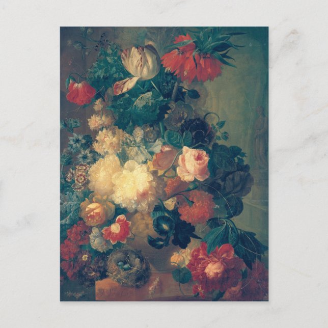 Carte Postale Fleurs dans un vase avec un nid d'oiseaux (Devant)