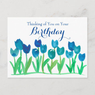 Carte Postale Fleurs d'aquarelle bleu Tulip Joyeux anniversaire