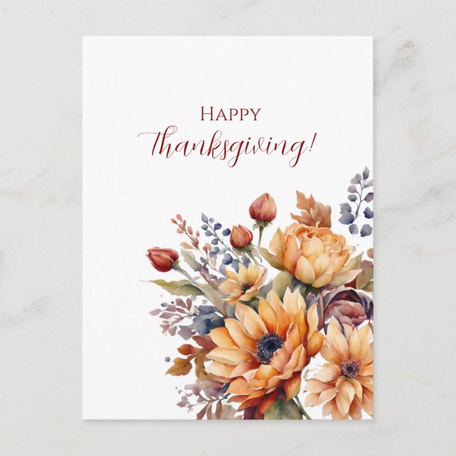 Carte Postale Fleurs d'aquarelle de Thanksgiving- (Devant)