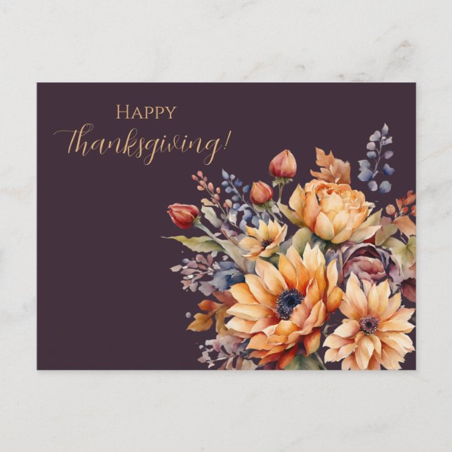 Carte Postale Fleurs d'aquarelle de Thanksgiving- (Devant)