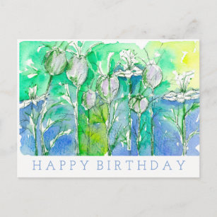 Carte Postale Fleurs d'aquarelle Nigella Joyeux anniversaire
