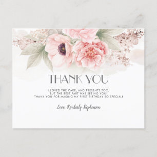 Carte Postale Fleurs d'aquarelle rose pâle Merci d'anniversaire
