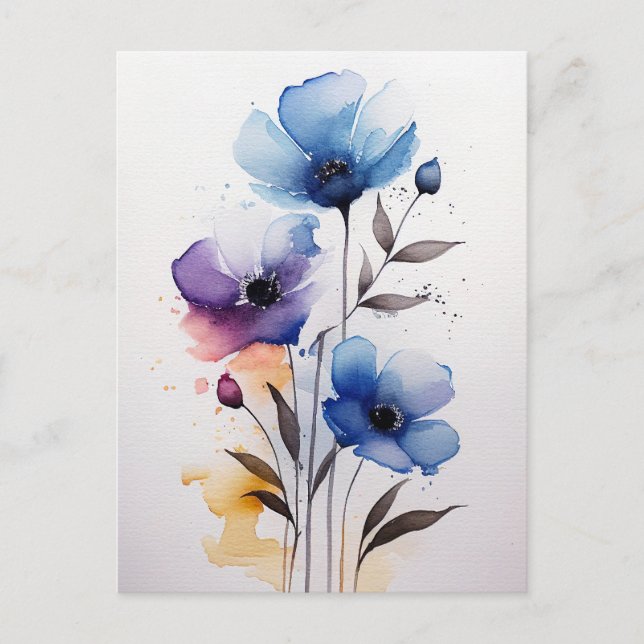 Carte Postale Fleurs d'aquarelle violette et bleue (Devant)