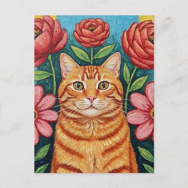 Carte Postale Fleurs d'art populaire de chats orange (Devant)