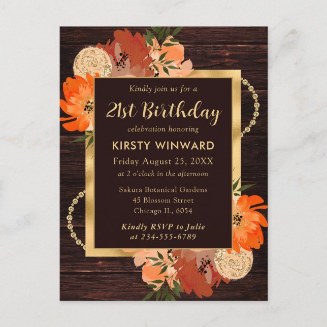 Carte Postale Fleurs d'automne Rustiques Burnt Orange Birthday (Devant)