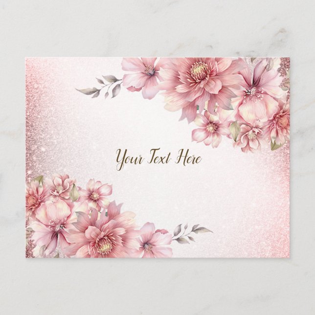 Carte Postale Fleurs de aquarelle rose pailletées brillantes mod (Devant)