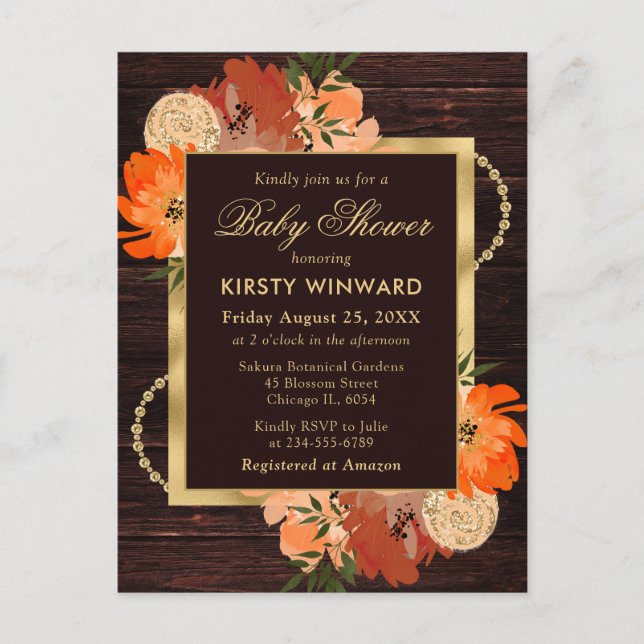 Carte Postale Fleurs de bébé rustiques orange brûlé pour Baby Sh (Devant)
