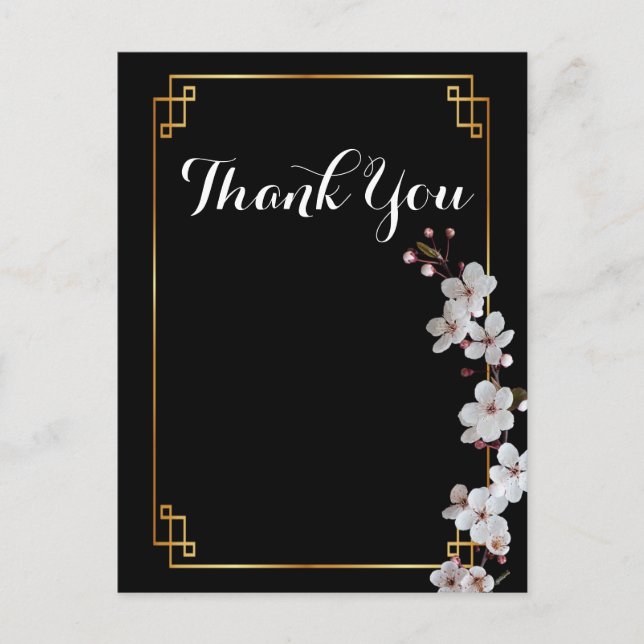 Carte Postale fleurs de cerisier blanches et cadre doré Merci (Devant)
