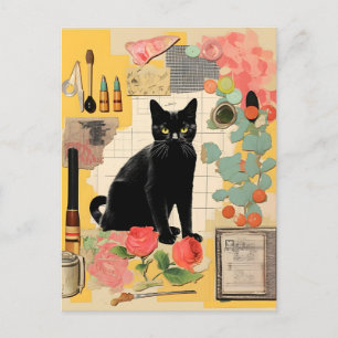Carte Postale Fleurs de chat noir rétro en collage