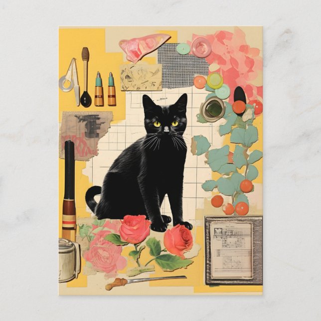 Carte Postale Fleurs de chat noir rétro en collage (Devant)