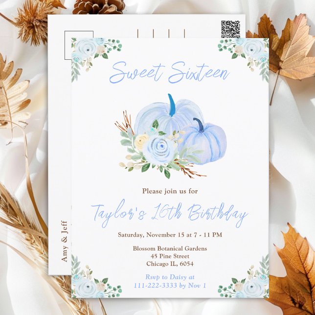 Carte Postale Fleurs de citrouilles bleues pour un Sweet Sixteen (Créateur téléchargé)