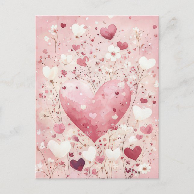Carte Postale Fleurs de Coeurs blanches et roses Salutation Sain (Devant)