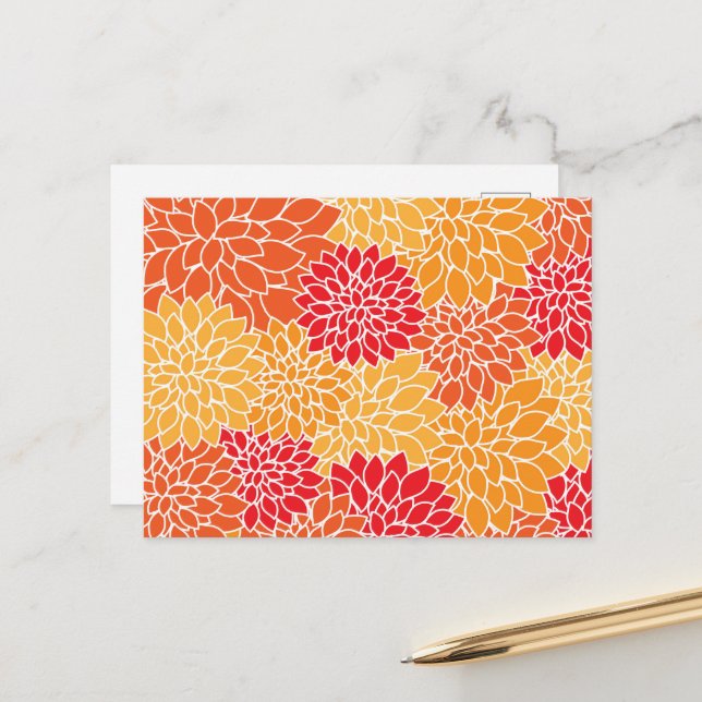 Carte Postale Fleurs de dahlia, motif de fleurs, dahlia orange (Devant/Arrière en situation)
