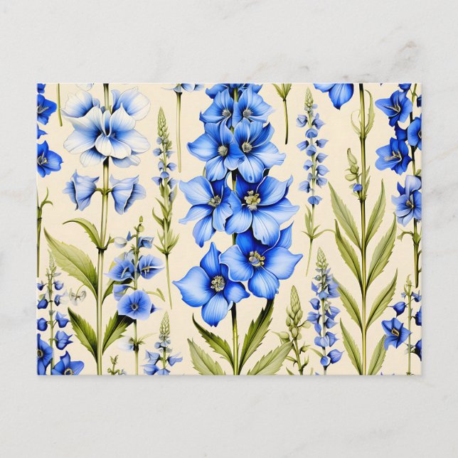 Carte Postale Fleurs de Delphinium bleu botanique (Devant)