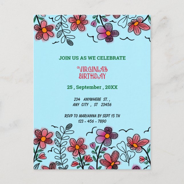 CARTE POSTALE FLEURS DE DOODLE ROUGES UNIQUES DE PRINTEMPS ANNIV (Devant)