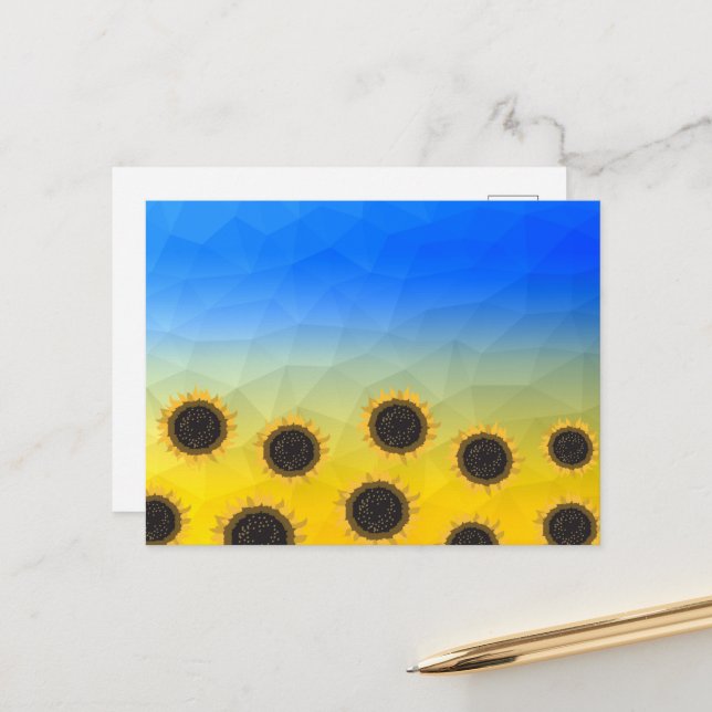 Carte Postale Fleurs de géométrie maillée jaune bleu d'Ukraine (Devant/Arrière en situation)