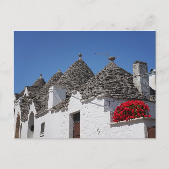 Carte Postale Fleurs de géranium et maisons de trulli à Alberobe (Devant)