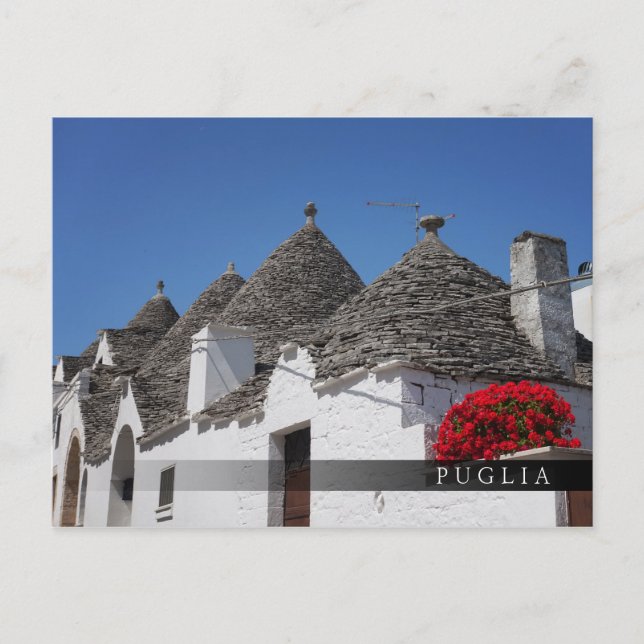 Carte Postale Fleurs de géranium et maisons de trulli à Alberobe (Devant)