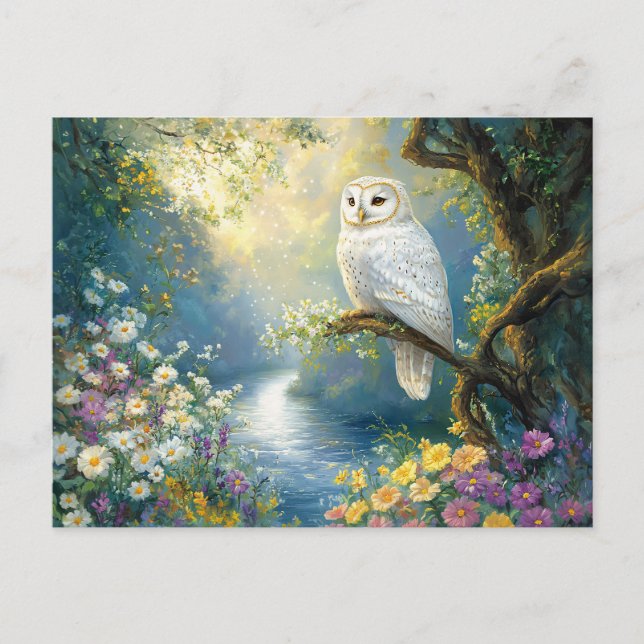 Carte Postale Fleurs de hibou enchantées et forêt (Devant)