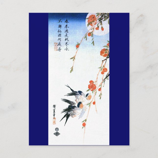 Carte Postale Fleurs de hirondelles et de pêches Hiroshige Art (Devant)