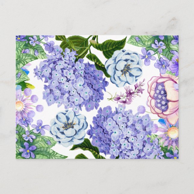 Carte Postale Fleurs de jardin aquarelle violet, rose et bleu (Devant)