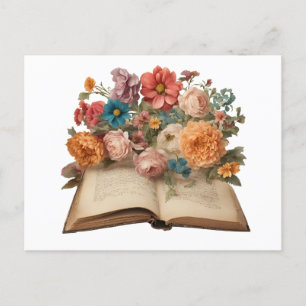 Carte Postale Fleurs de jardin et vieux livre vintage 