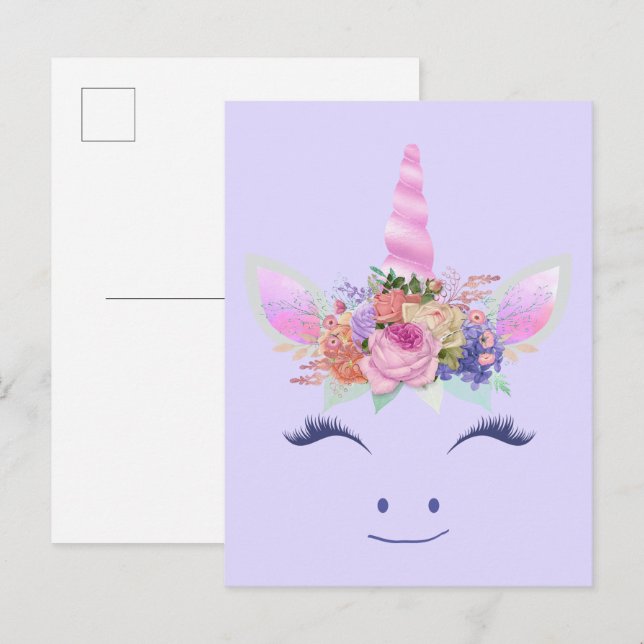 Carte Postale Fleurs de Licorne Mignonne Fabuleuse Visage 2 (Devant / Derrière)