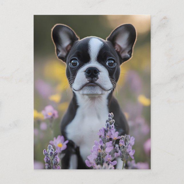 Carte Postale Fleurs de lupine de chiot de Boston Terrier (Devant)