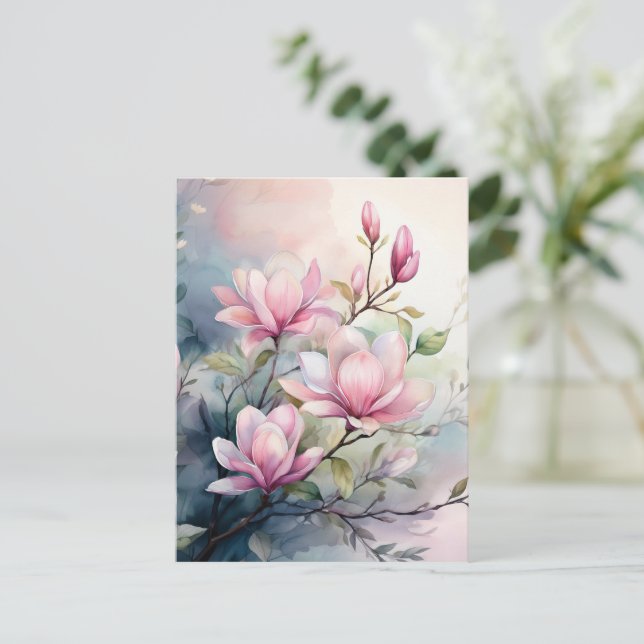 Carte Postale Fleurs de magnolia rose botanique (Debout devant)