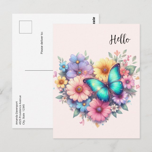 Carte Postale Fleurs de marguerite avec un beau papillon (Devant / Derrière)