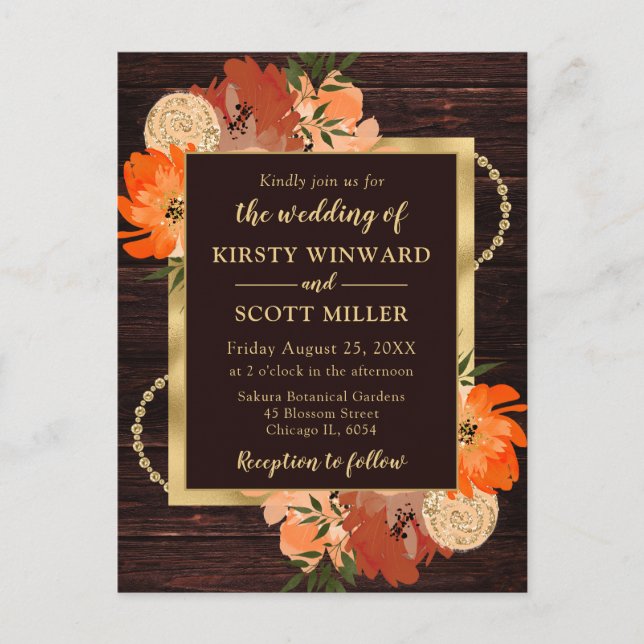Carte Postale Fleurs de mariage rustiques orange brûlé d'automne (Devant)