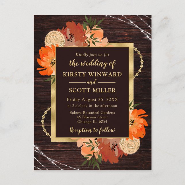 Carte Postale Fleurs de mariage rustiques orange brûlé d'automne (Devant)