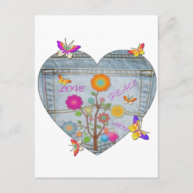 Carte Postale Fleurs de papillons en cœur de poche en denim (Devant)