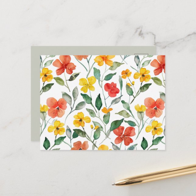Carte Postale Fleurs de pêcher jaune rouge (Devant/Arrière en situation)