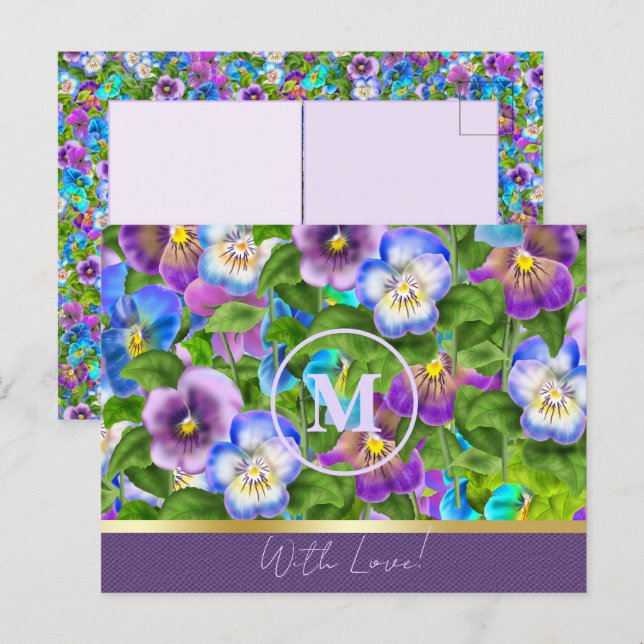 Carte Postale Fleurs de Pensée Violette de Naissance en Monogram (Devant / Derrière)