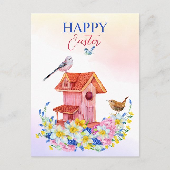 Carte Postale Fleurs de printemps et oiseaux maison d'oiseaux he (Devant)