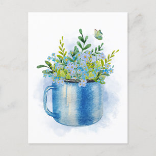Carte Postale Fleurs de ressort d'aquarelle bleue en tasse
