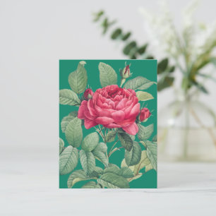 Carte Postale Fleurs de rose rouge avec feuilles vertes MERCI