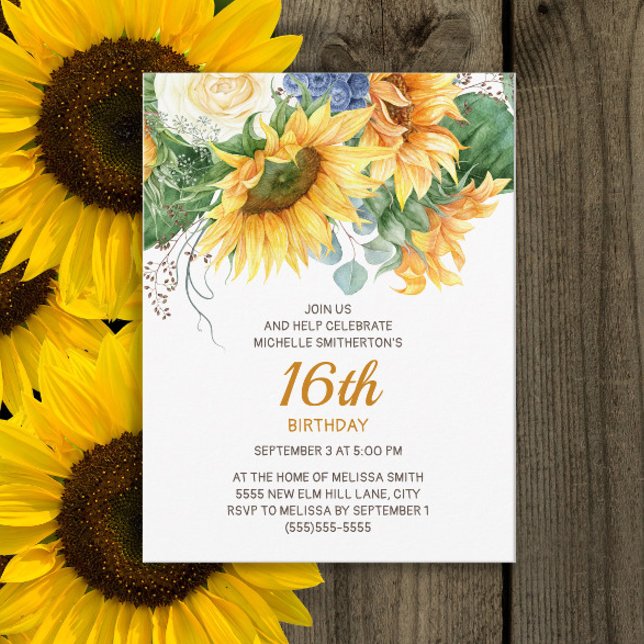 Carte Postale Fleurs de soleil customisées Eucalyptus 16e annive (Sunflowers and eucalyptus 16th birthday party postcard invitation)