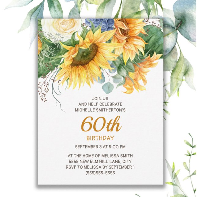 Carte Postale Fleurs de soleil customisées Eucalyptus 60e annive (Sunflowers and eucalyptus 60th birthday invitation)