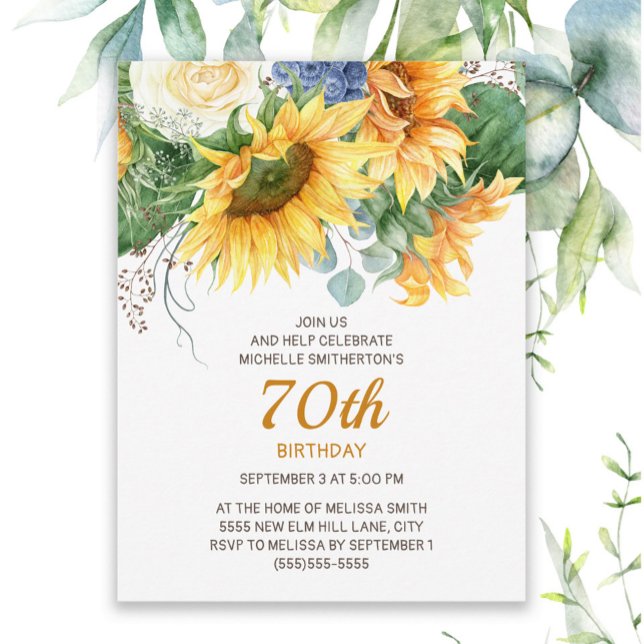 Carte Postale Fleurs de soleil customisées Eucalyptus 70e annive (Sunflowers and eucalyptus women's 70th birthday party postcard invitation)