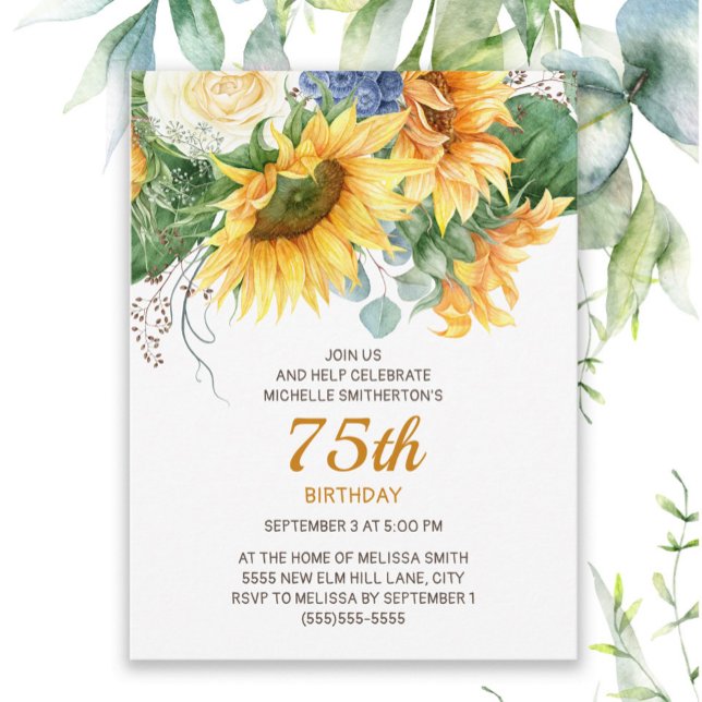 Carte Postale Fleurs de soleil customisées Eucalyptus 75e annive (Sunflowers and eucalyptus women's 75th birthday invitation)