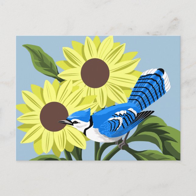 Carte Postale Fleurs de soleil et Jay bleu (Devant)