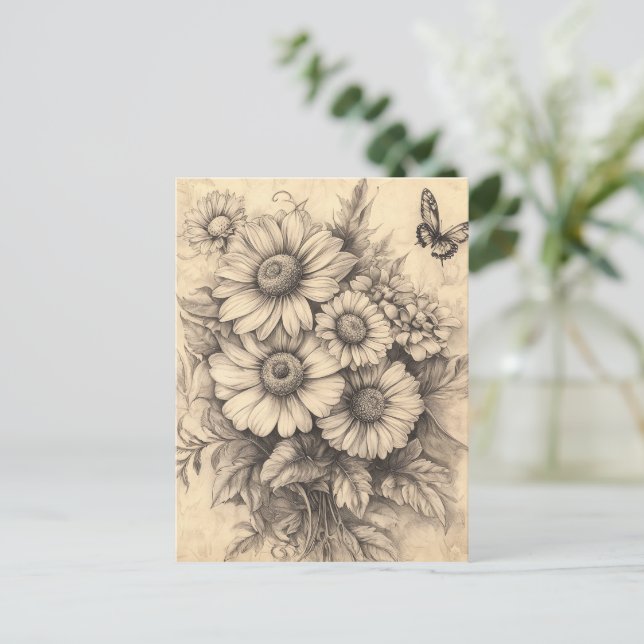 Carte Postale Fleurs de soleil et papillon - Papier vieilli rust (Debout devant)