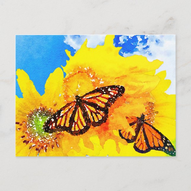 Carte Postale Fleurs de soleil et papillons monarques (Devant)