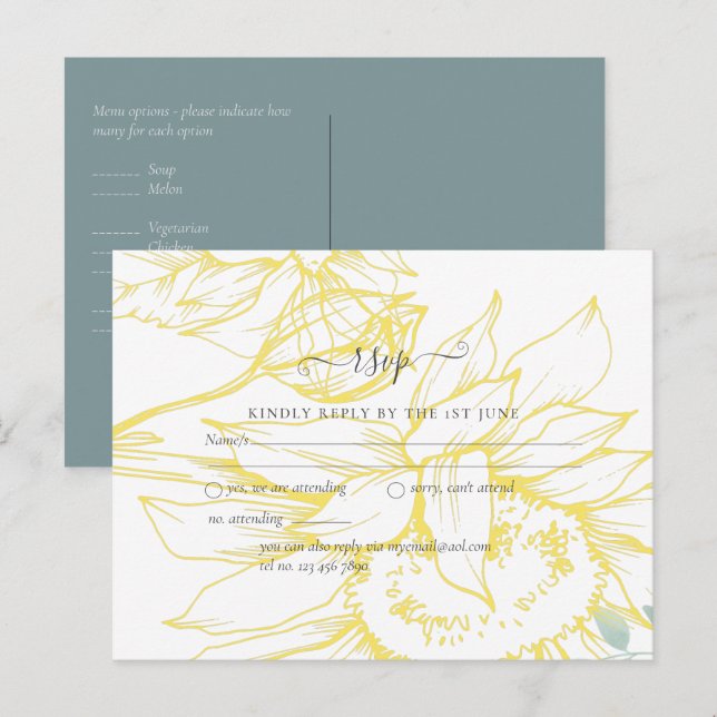 Carte Postale Fleurs de soleil modernes Mariage d'or Sage (Devant / Derrière)